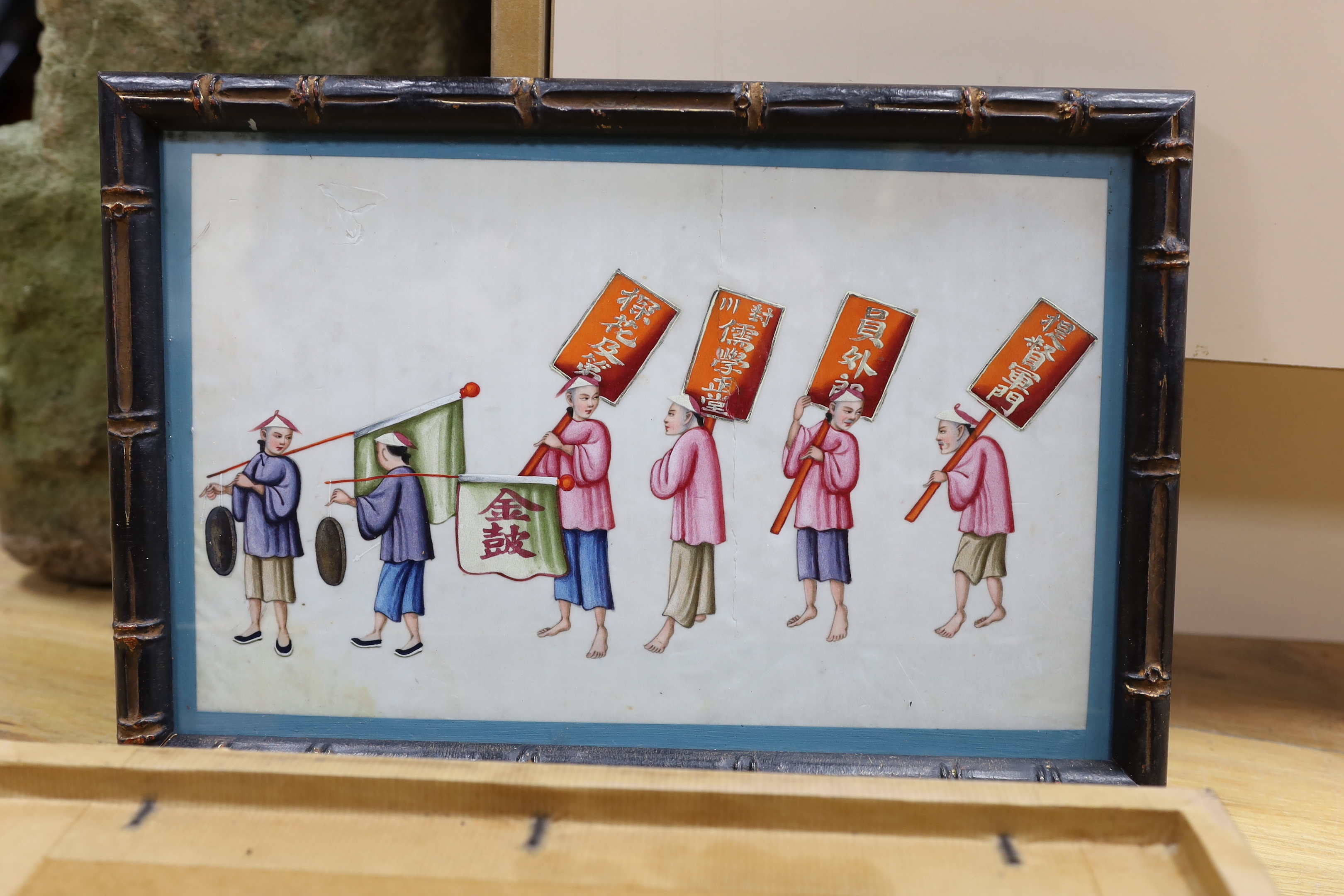Chinese School, set of four gouaches on pith paper, Processions of figures, 18 x 29cm